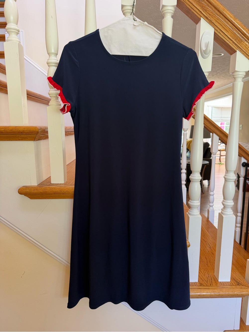 Navy Midi Dress with Red Ruffle Sleeve Trim